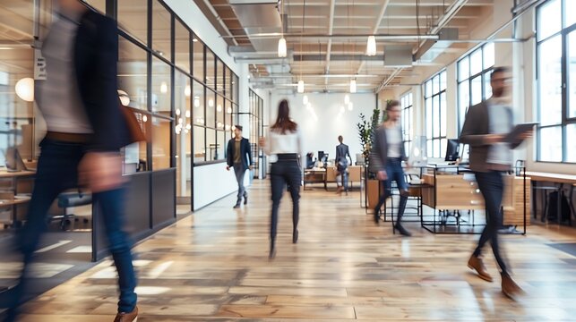 Group of office employees at coworking hall Business people walking at modern open space Motion blur Concept : Generative AI