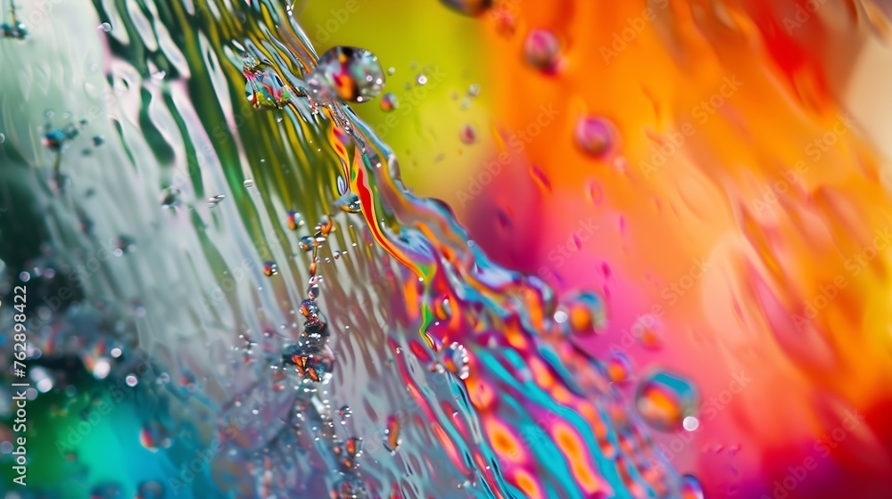 Poster Closeup through window of colorful water spreading over glass surface against multicolored blurred background : Generative AI