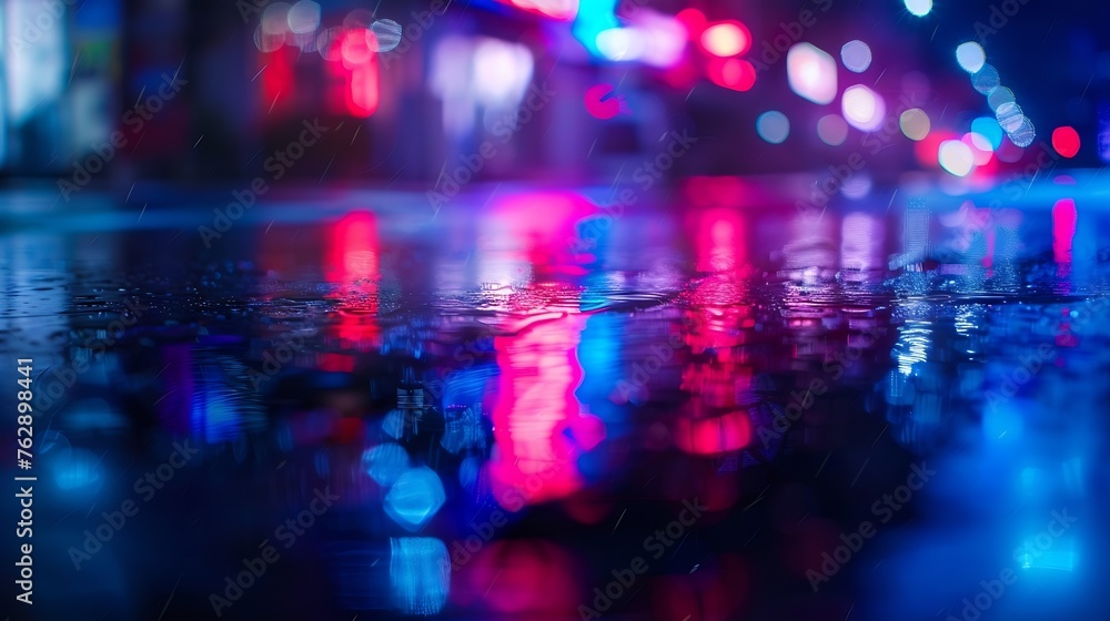 Poster light effect blurred background wet asphalt night view of the city neon reflections on the concrete 