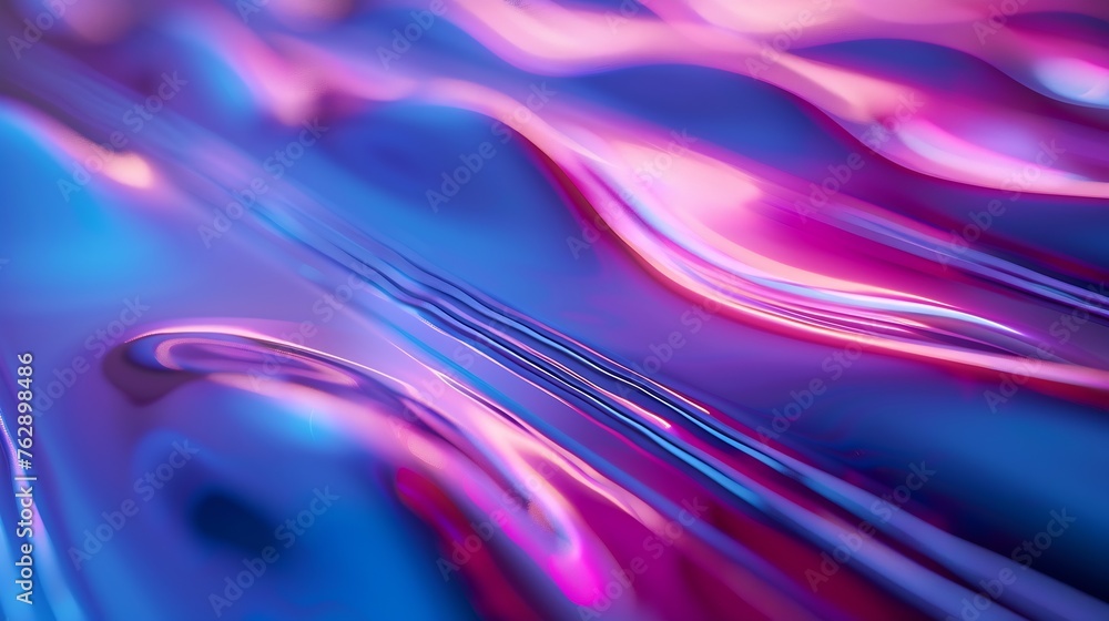Poster Neon ripple texture Defocused glow Iridescent wave Blur purple blue fluorescent color gradient light curve lines abstract background with free space : Generative AI