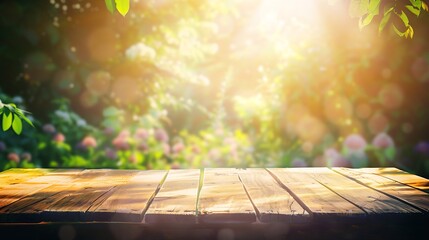 Empty wooden table top and Abstract blurred light bokeh and blur background of garden trees in sunlight product display template with copy space : Generative AI