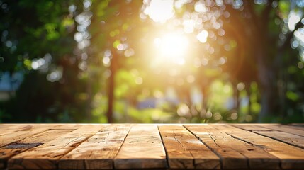 Naklejka na ściany i meble Empty wood table and defocused bokeh and blur background of garden trees with sunlight product display template : Generative AI