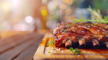 Front view of appetizing grilled pork ribs with barbecue served on wooden board in kitchen against blurred background : Generative AI - obrazy, fototapety, plakaty