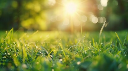 green grass blurred background with sun rays in park meadow : Generative AI