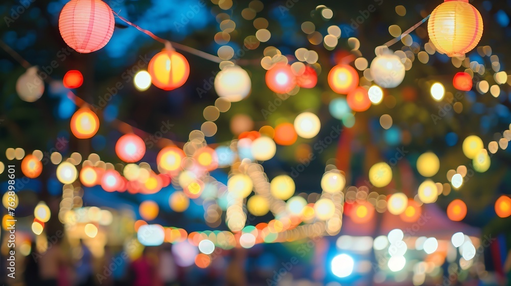 Poster vintage tone blur image of night festival in garden with bokeh for background usage : Generative AI
