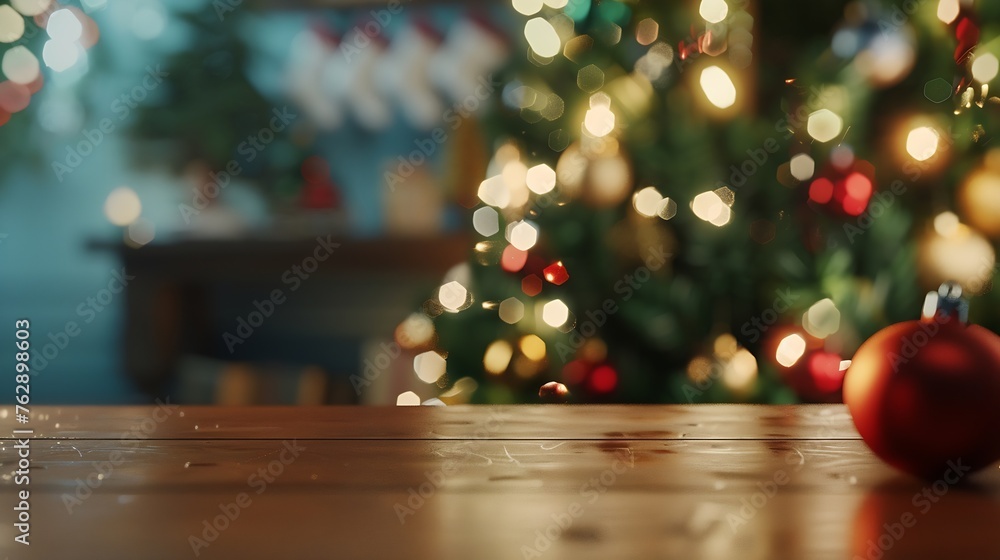 Poster Empty table in front of christmas tree with decoration background : Generative AI