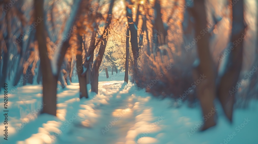 Poster Trees and pathway covered with snow in winter park blurred view : Generative AI