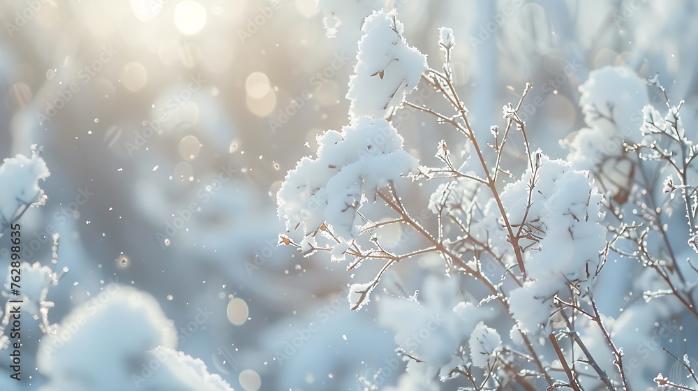 Aufkleber Snowcovered plants in winter forest during snowfall Macro image shallow depth of field Winter nature background : Generative AI