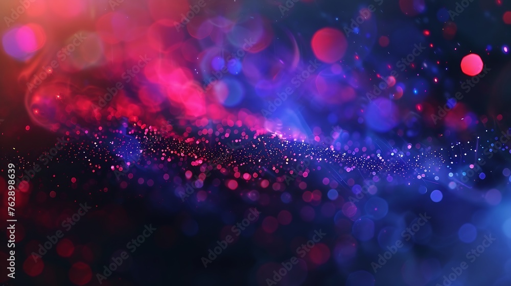 Poster Blur neon background Color glow Light flare Bokeh sparks texture Defocused blue red purple flecks rays on dark abstract overlay : Generative AI