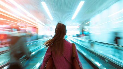 picture of a woman on an escalator with motion blur effect : Generative AI