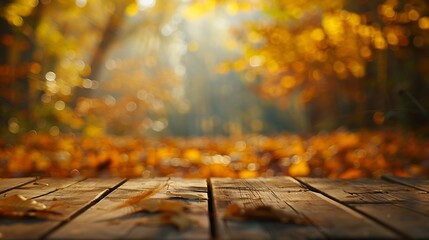 The empty wooden table top with blur background of autumn Exuberant image : Generative AI