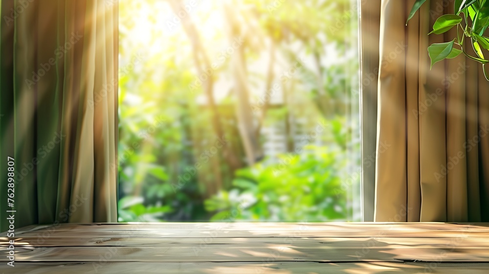 Poster empty of wood table top on blur of curtain window and abstract green from garden with sunlight for m