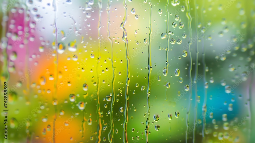 Aufkleber closeup through window of rainy day with water dripping down glass against blurred colorful backgrou