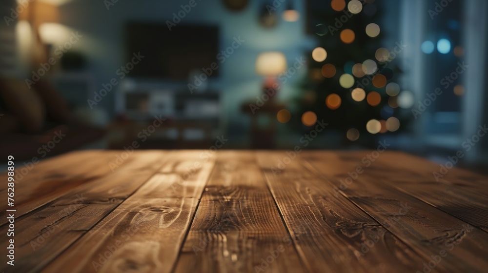 Poster the empty wooden brown table top with blur background of home room in winter exuberant image : gener
