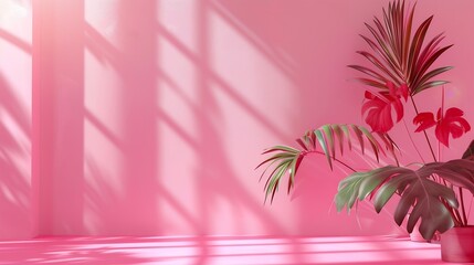 Fototapeta na wymiar Abstract pink color gradient studio background for product presentation Empty room with shadows of window and flowers and palm leaves 3d room with copy space Summer concert Blurred ba : Generative AI