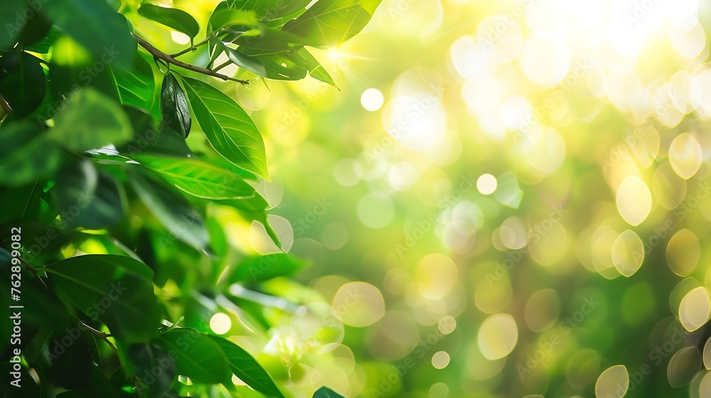 Aufkleber blurred green bokeh natural tree in parks with bight sunlight : generative ai