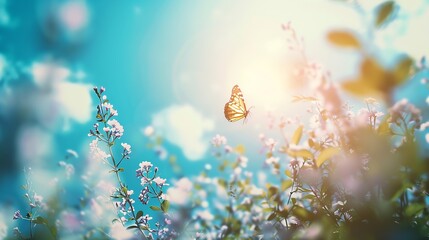 Beautiful blurred spring background nature with blooming glade butterfly and blue sky on a sunny day : Generative AI