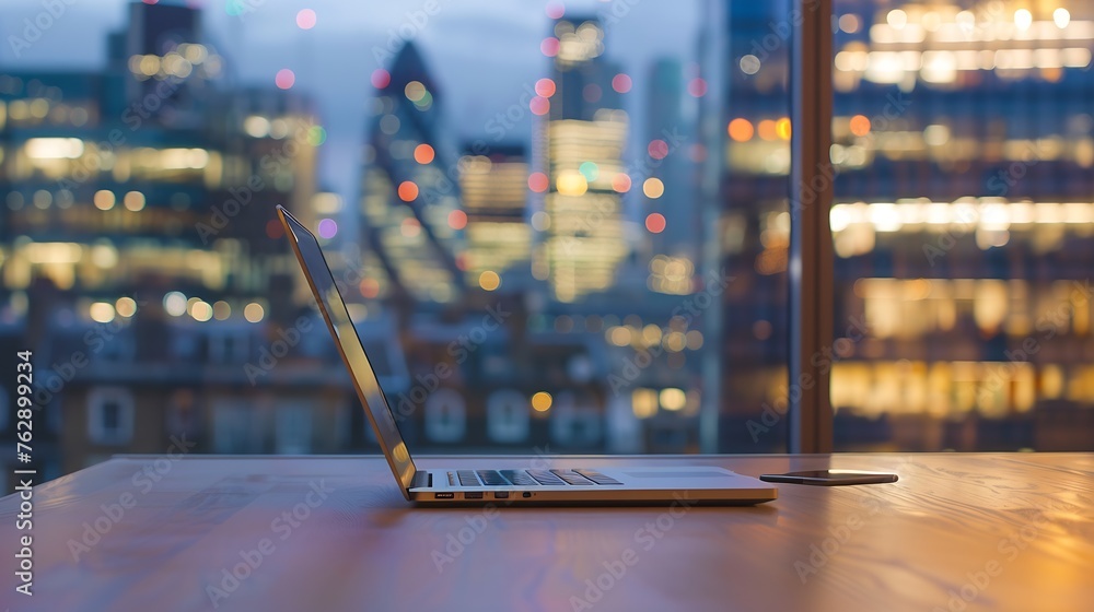 Poster office workplace with laptop and smart phone on wood table and london city blurred background : gene