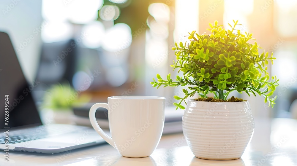 Aufkleber close up view of simple workspace with laptop notebooks coffee cup and tree pot on white table with 