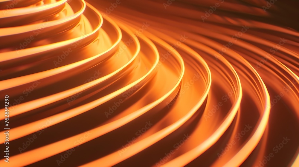 Poster Fluorescent background Blur curved texture Futuristic light Defocused neon orange Peach Fuzz brown color stripes in circles glow on dark ridged abstract overlay trend color of 2024 : Generative AI