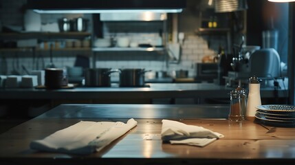 interior of kitchen in restaurant and napkin and desk space : Generative AI