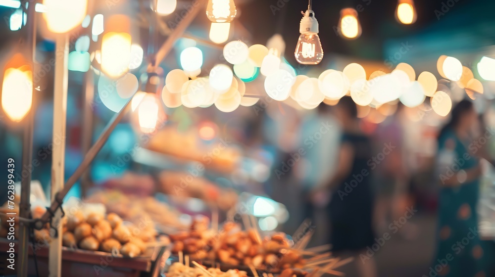 Poster vintage tone blur image of food stall at night festival with bokeh for background usage : generative