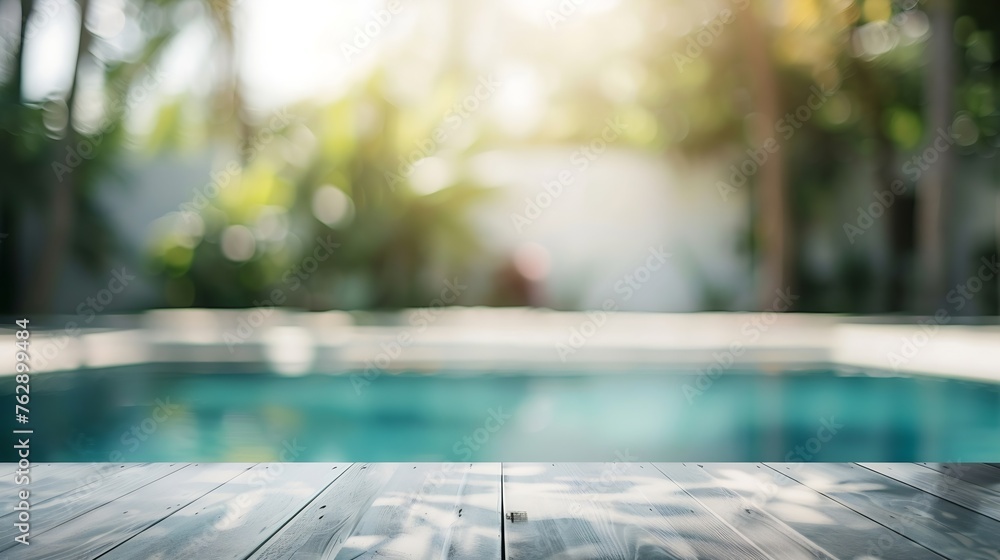 Poster Empty table top and blurred swimming pool in tropical resort in summer for display or montage your products : Generative AI