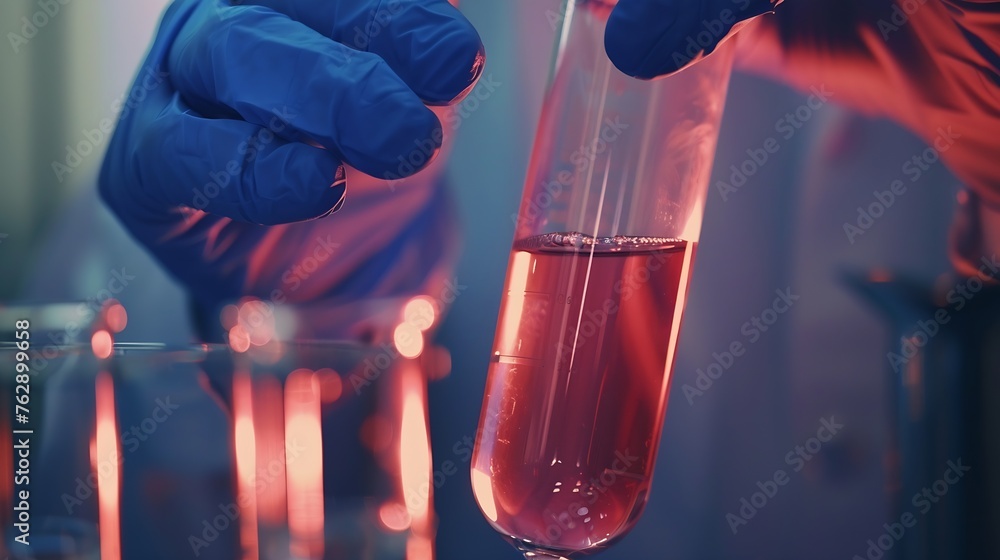 Aufkleber scientist in blur gloves with glass flask and test tube in research science lab banner background : Generative AI
