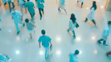 Planning blur or overlay top view of doctors nurse or medical healthcare schedule in clinic lobby Busy medicine or employee on tech in hospital with people walking fast movement or mot : Generative AI