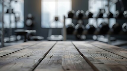 Blurred background of fitness gym and wooden table free space for product display : Generative AI - obrazy, fototapety, plakaty