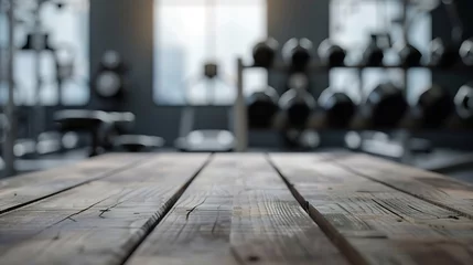 Foto op Canvas Blurred background of fitness gym and wooden table free space for product display : Generative AI © Generative AI