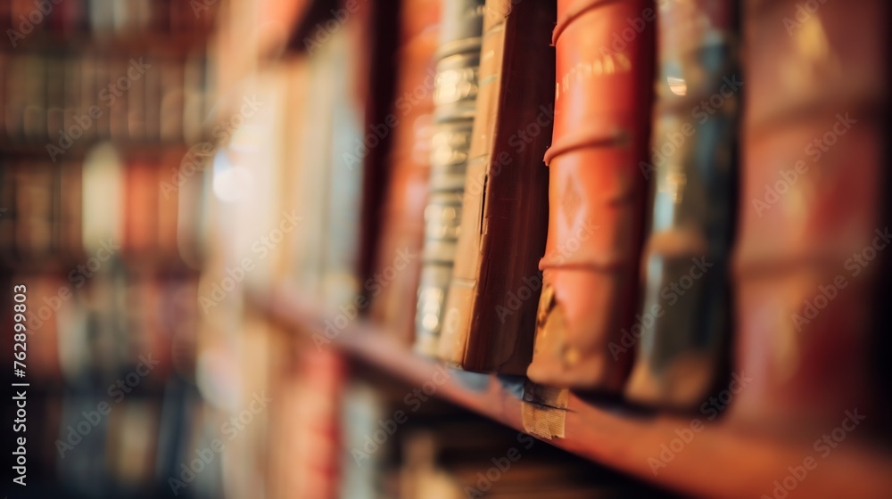 Poster blurred image for background of many books on bookshelf in library : generative ai