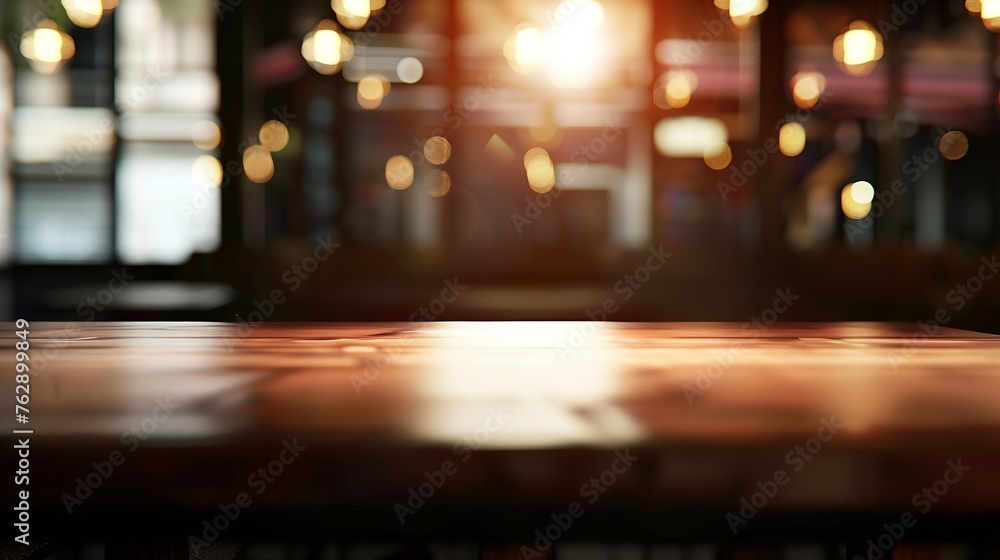 Aufkleber dark blurred background with empty table top cafe restaurant windows background for your product : Generative AI