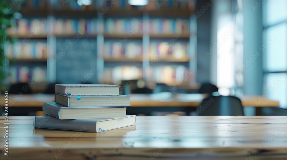 Poster cropped shot of wooden table with books stationery and copy space in blurred study roomempty classro