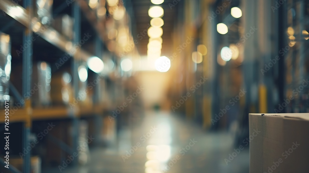 Aufkleber Blur warehouse background Blurred store factory industry warehouse space and hardware box for delivery with bokeh light background business logistic distribution storage cargo concept : Generative AI