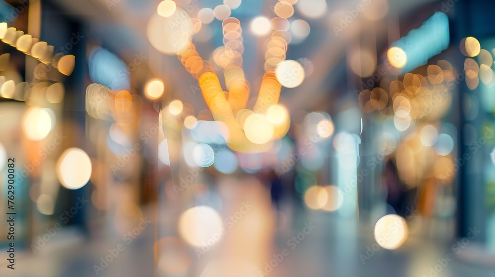 Aufkleber abstract blur image background of shopping mall with light bokeh and flare light bulb : Generative AI