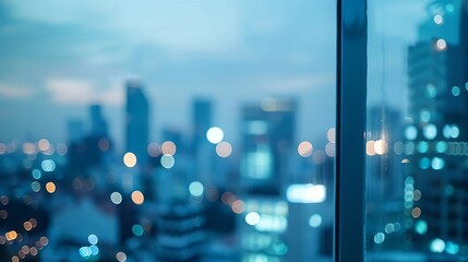 Blurry focus city hotel corporate building in blue morning business background Cityscape skyline light outside office window grey sky view Day bokeh winter bank company blur backdrop o : Generative AI