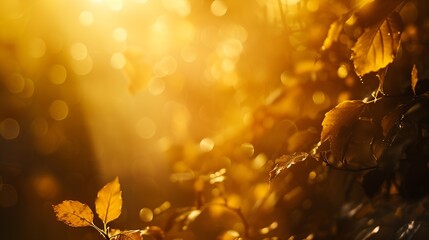 Beautiful blurred autumn background with yellowgold leaves in the rays of sunlight on a dark natural background : Generative AI - obrazy, fototapety, plakaty