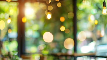 Abstract blur interior coffee shop or cafe for background Blur restaurant interior banner background Coffee shop blur background with bokeh Blurred windows green garden background : Generative AI