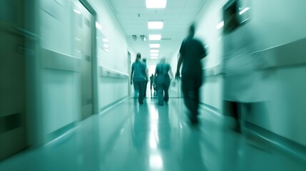 blurred for background blurred figures of doctors and nurses in a hospital corridor Doctors and nurses walking in hospital hallway blurred motion Moving human figure in the clinic corr : Generative AI