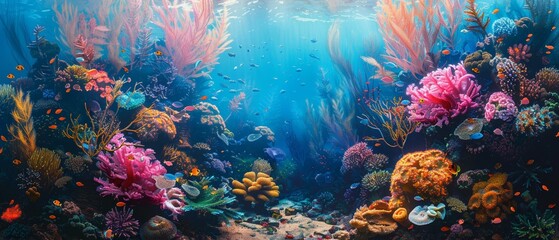 Naklejka na ściany i meble Underwater coral reef, vibrant marine life, detailed texture