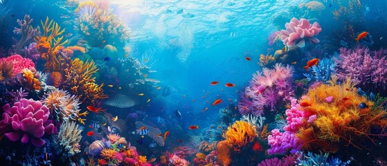 Underwater coral reef, vibrant marine life, detailed texture - obrazy, fototapety, plakaty