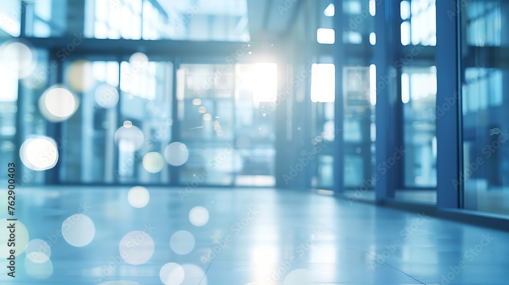 Poster Blurred empty open space office Abstract light bokeh at office interior with blue windows background for design : Generative AI