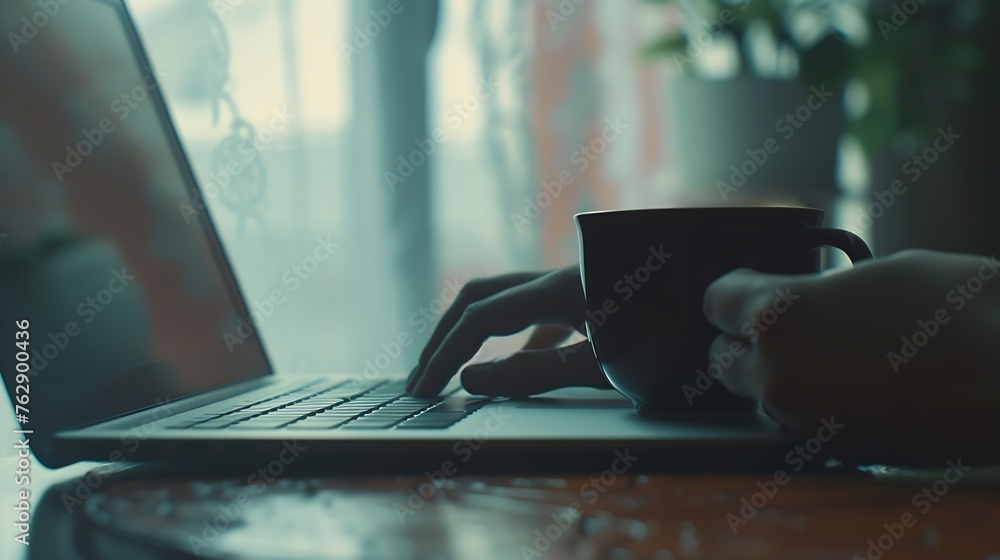 Poster blurred vision of hand reached to laptop with coffee near window : generative ai