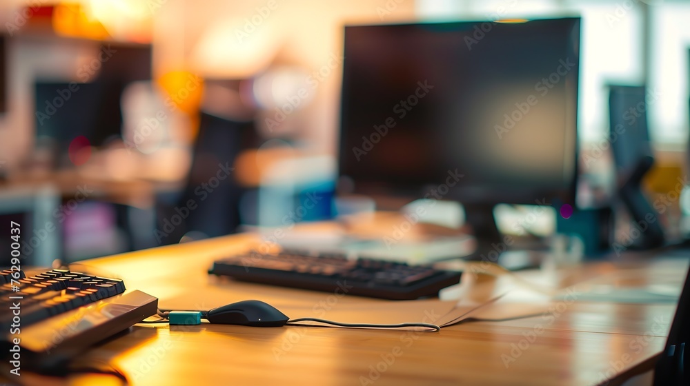Poster Blurred office interior space background in the workplace with computer shallow depth of focus of abstract background : Generative AI