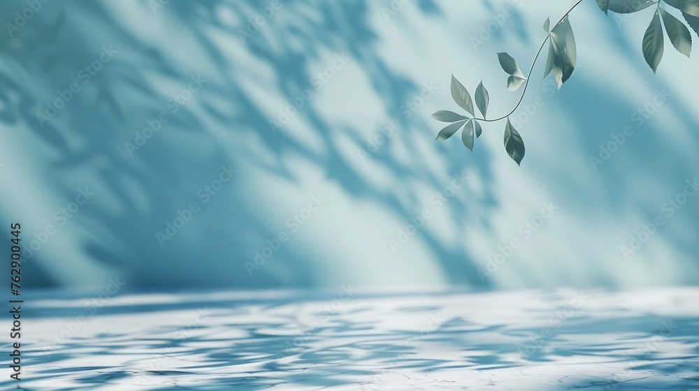Poster Minimalistic light background with blurred foliage shadow on a light blue wall Beautiful background for presentation with with marble floor : Generative AI