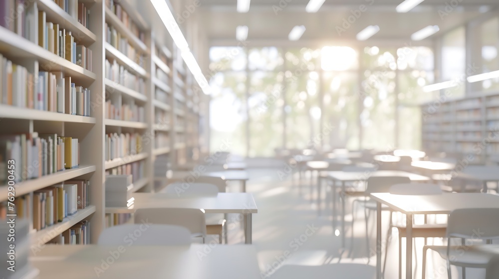 Aufkleber abstract blurred empty college library interior space blurry classroom with bookshelves by defocused