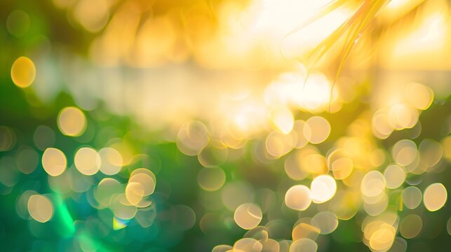 Summer holiday concept Abstract bokeh flare sunlight with blur green and yellow nature sunrise beach background : Generative AI