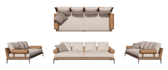 leather soft sofa, living room, isometric sofa, sofa with pillows mockup, top view, font view, side view, isolated,perspective, rendering
