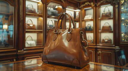 A elegant brown bag  is on display shelf in a luxury boutique store. - obrazy, fototapety, plakaty